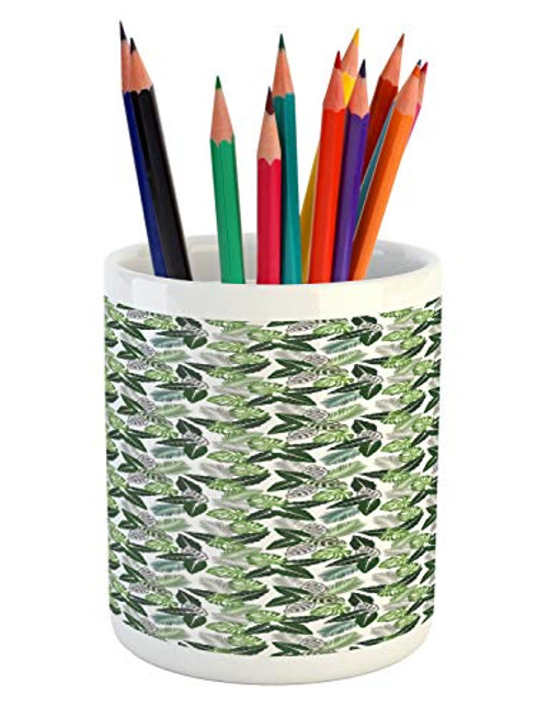 Lunarable Tropical Pencil Pen Holder, Monstera Fan Palm Banana Leaves Aloha Botanical House Plants Design, Ceramic Pencil Holder for Desk Office Accessory, 3.6" X 3.2", Dark Green Grey and White Lunarable Tropical Pencil Pen Holder, Monstera Fan Palm Banana Leaves Aloha Botanical House Plants Design, Ceramic Pencil Holder for Desk Office Accessory, 3.6" X 3.2", Dark Green Grey and White