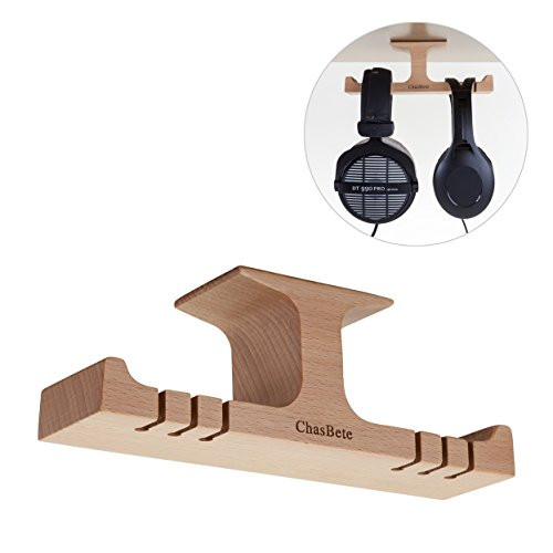 ChasBete Wood Headphone Hanger Stand Under - Desk Dual Earphone Holder Mount Stick on Headset Hanger,Bilateral Hook