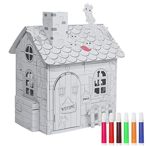 Cardboard Playhouse,Foldable Doodle Coloring Cardboard Playhouse,Kids DIY Hand Drawing, Painting and Imagination Play Toy,Funny Preschool Toy Paper House for Toddlers