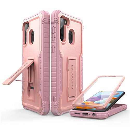 ExoGuard for Samsung Galaxy A21 Case, Rubber Shockproof Full-Body Cover Case Built-in Screen Protector and Kickstand Compatible with Samsung A21 Phone -Pink-