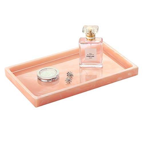Emibele Jewelry Organizer Resin Tray, Kitchen Bathroom Dresser Vanity Tray Jewelry Dish Ring Holder Cosmetic Organizer for Candle Perfume Soap Shampoo Small Plant Home Decor, Medium - Ink Pink