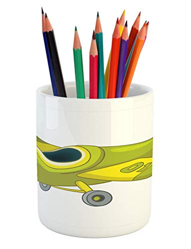 Ambesonne Airplane Pencil Pen Holder, Cartoon Style Print of a Technic Sky Transportation Propeller Fan, Ceramic Pencil Holder for Desk Office Accessory, 3.6" X 3.2", Yellow Green and Pale Teal