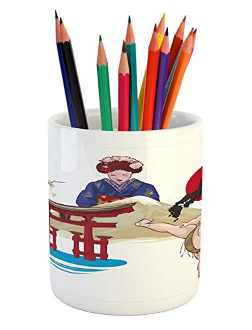 Ambesonne Asian Pencil Pen Holder, Japanese Woman Traditional Athlete Hand Fan Cultural Illustration, Printed Ceramic Pencil Pen Holder for Desk Office Accessory, Multicolor Ambesonne Asian Pencil Pen Holder, Japanese Woman Traditional Athlete Hand Fan Cultural Illustration, Printed Ceramic Pencil Pen Holder for Desk Office Accessory, Multicolor
