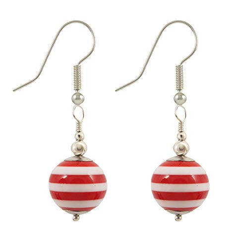 Red  and  White Striped Acrylic Ball Earrings for Women Dangle with Silver Toned Ear Wires