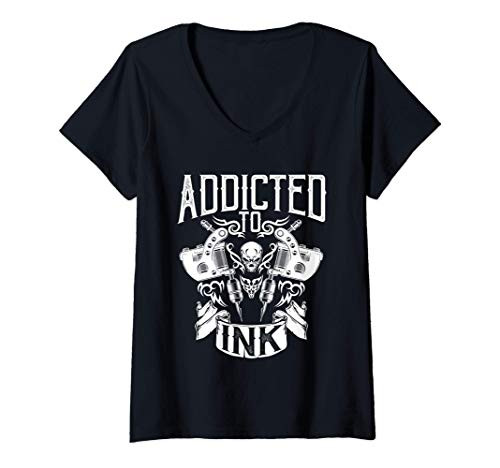 Womens Addicted to Ink Inked Tattoo Artist Tattooed Tats V-Neck T-Shirt