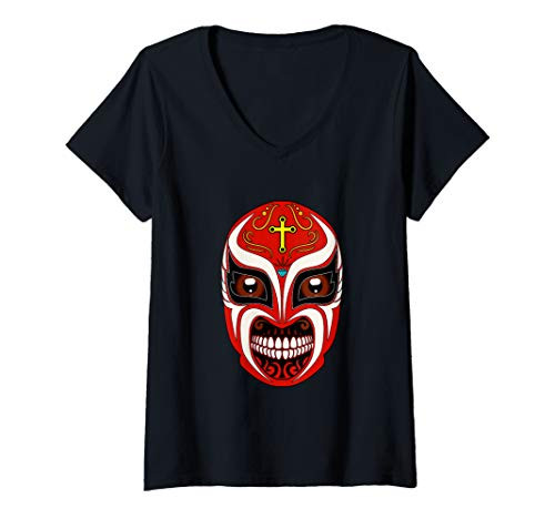 Womens Feel-Ink lucha libre mexican El Santo Dia De Muertos V-Neck T-Shirt