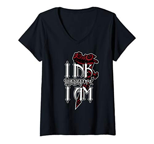Womens Funny, Tattoo, 'I ink, therefore, I am-2' V-Neck T-Shirt