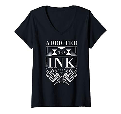 Womens Addicted To Ink Tattoo Lover Inked Artist Gift V-Neck T-Shirt