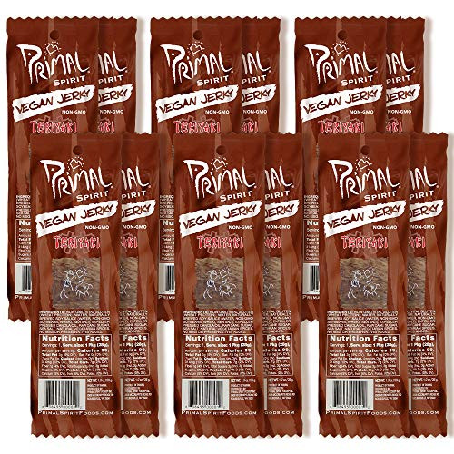 Primal Spirit Vegan Jerky - Classic Flavor  Teriyaki, 10 g. Plant Based Protein, Certified Non-GMO, No Preservatives, Sports Friendly Packaging -12 Pack, 1 oz-