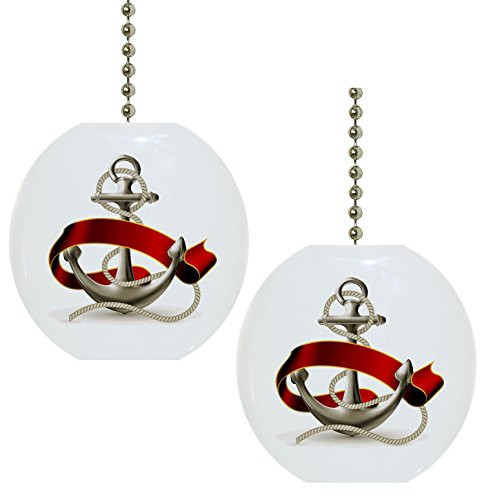 Set of 2 Anchor with Red Ribbon Nautical Solid Ceramic Fan Pulls