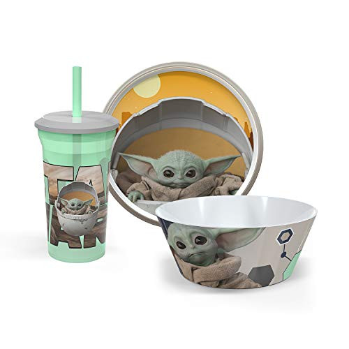 Zak Designs Star Wars- The Mandalorian Dinnerware Includes Plate, Bowl, and Straw, Made of Durable Material and Perfect for Kids -The Child, 3 Piece set, Non BPA-, Baby Yoda-Tumbler