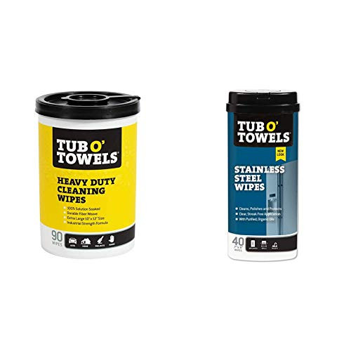 Tub O' Towels TW90 Heavy-Duty 10" x 12" Size Multi-Surface Cleaning Wipes, 90 Count Per Canister and Heavy Duty Stainless Steel Wipes,White , 40 Count - TW40-SS Tub O' Towels TW90 Heavy-Duty 10" x 12" Size Multi-Surface Cleaning Wipes, 90 Count Per Canister and Heavy Duty Stainless Steel Wipes,White , 40 Count - TW40-SS