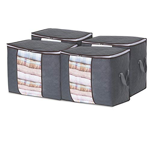 Clothes Storage Bags 4 Pack 90L Large Capacity Foldable Storage Bag Organizer Clothes Storage Container for Blanket Comforter Clothing Bedding with Transparent Windows with Durable Handles.-Grey-