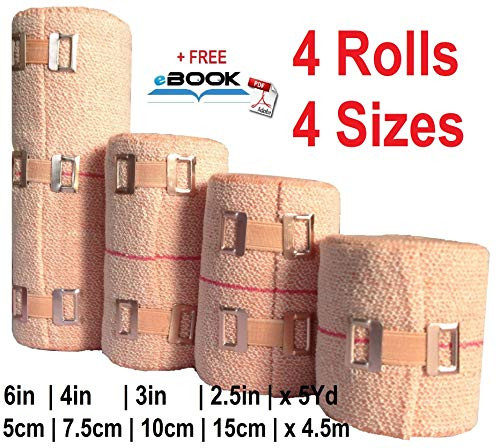SETH4 Sizes Soft Compression Crepe Bandages|Elastic Bandage Wraps|Bandage Rolls|Compression Wrap|Ankle Wrap For Leg Sprain|Athletic Sport Support Tape Rolls For Wrist|Hand Wraps - With Bandage Clips.