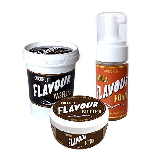 FLAVOURTATTOO - VASELINE 75 ml  plus BUTTER 50 ml  plus FOAM 110 ml - for Tattoos - Microblading - Micropigmentation - COCONUT/VAINILLA