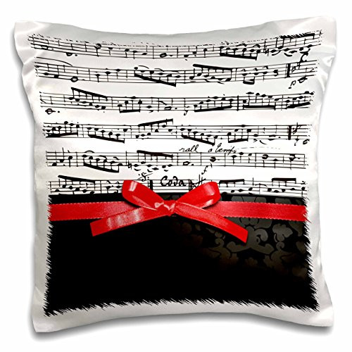 3D Rose Notes with 2D Red Ribbon Bow Graphic-Piano Sheet Music-Musician Gifts Design Pillowcase 16" x 16" Black/White