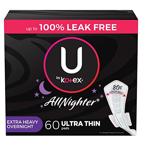 U by Kotex AllNighter Extra Heavy Overnight Feminine Pads with Wings Ultra Thin, Unscented, 60 Count -Packaging May Vary-