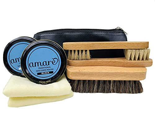 PREMIUM 8piece SHOE POLISH KIT for leather, 1 BLACK WAX, 1 NEUTRAL WAX, 1 REAL HORSEHAIR REAL WOOD BUFFING BRUSH, 2 REAL WOOD BRISTLE BRUSHES, 2 SHINE CLOTHS, 1 easy to store zipper bag by Amare