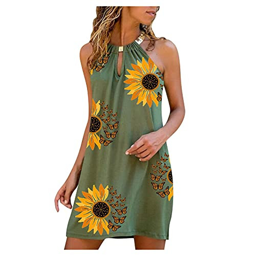 Womens Halter Floral Printed Sleeveless Beach Mini Dress Casual Crew Neck Maxi Short Sundresses Strapless Boho Dress