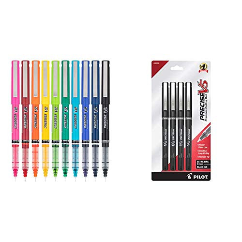 PILOT Precise V5 Stick Liquid Ink Rolling Ball Stick Pens, -0.5mm-, 10-Pack -12562-  and  Precise V5 Stick Liquid Ink Rolling Ball Stick Pens, Extra Fine Point -0.5mm- Black Ink, 4-Pack -26002-