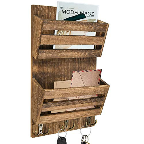 Rustic Mail and Key Holder for Wall with 3 Double Key Hooks, 2-Slot Mail Organizer Wall Mounted, Wall Mail Holder Key Hanger Letter Bills Magazine Organizer for Entryway Mudroom Hallway Office