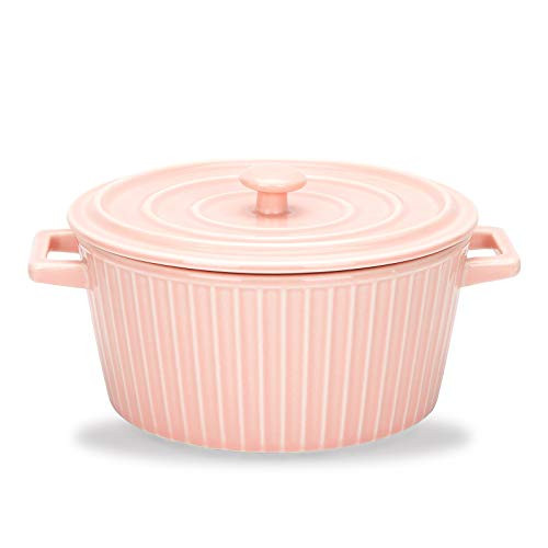 MDZF SWEET HOME Ceramic Baking Bowl for Oven Round Casserole Dish Noodle Bowl Bakeware with Handle and Lid 37 Oz, Pink