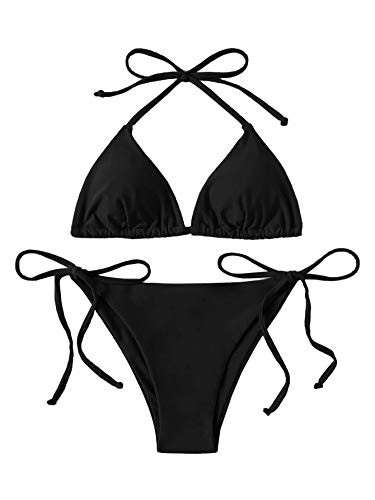 SheIn Women's Swimsuit Halter Triangle Bra with Tie Side Panty Bikini Set Beach Wear Black Medium