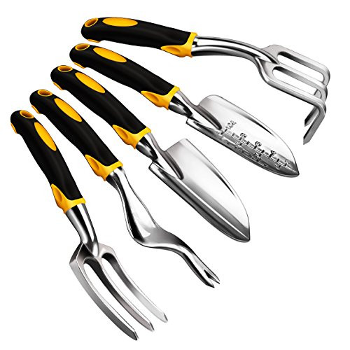 Anpress 5 Piece Gardening Tools Set Including Trowel, Transplanter, Cultivator, Weeder, Weeding Fork, Garden Tools with Heavy Duty Cast-Aluminum Heads  and  Ergonomic Handles