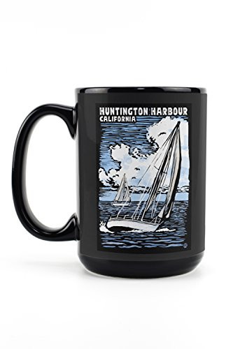 Lantern Press Huntington Harbour, California, Sailboat, Scratchboard -15oz Black Ceramic Mug, Dishwasher and Microwave Safe-