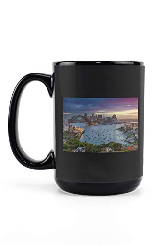 Lantern Press Sydney, Australia - Cityscape with Harbour Bridge  and  Skyline During Sunset 9027797 -15oz Black Ceramic Mug - Dishwasher and Microwave Safe-