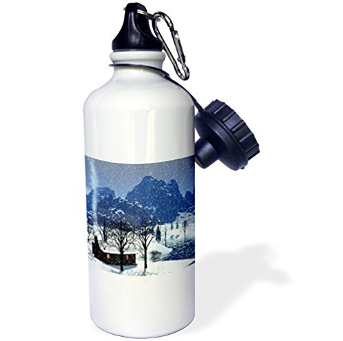 3dRose "Log Cabin in Snow Scene" Sports Water Bottle, 21 oz, White