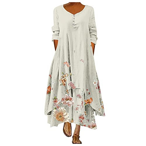 fine_fine Dress for Women Summer Bohemian Mid-Length Long-Sleeved V-Neck Casual Floral Print Loose Irregular Dress fine_fine Dress for Women Summer Bohemian Mid-Length Long-Sleeved V-Neck Casual Floral Print Loose Irregular Dress