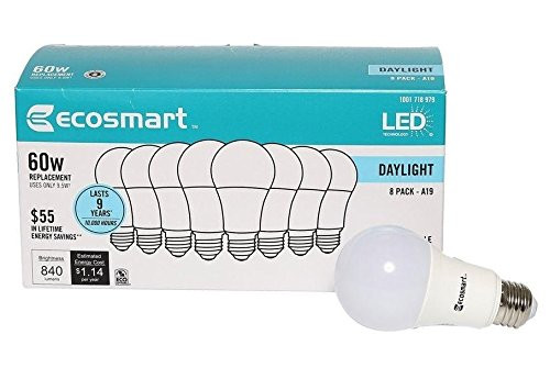 Ecosmart 8-Pack A19 - 60 Watt Equivalent Daylight -5000K- LED Light Bulb