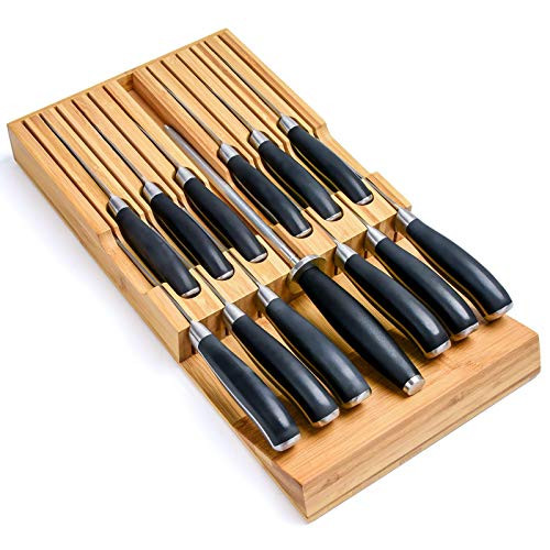In-Drawer Bamboo Knife Block - Holds 12 Knives -Not Included- and 1 Sharpening Steel,Premium Knife Drawer Organizer, Perfect Knife Organizer Drawer Insert and Drawer Knife Holder