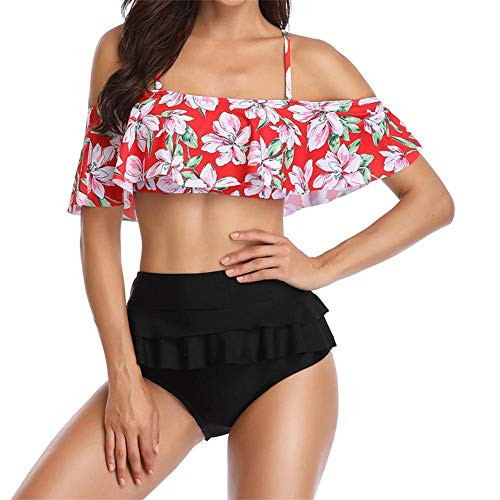 Fahsyee Ruffle Swimsuits for Women, Two Piece Bikini Set Sexy Bathing Suit High Waisted Swimwear Black