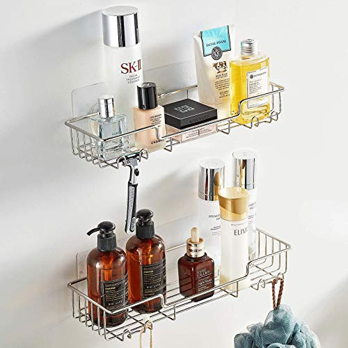 BOPai 13 inches plus Shower Caddy with Hooks, No Dill Adhesive Bathroom Shower Shelf, Silver-2 Tier-
