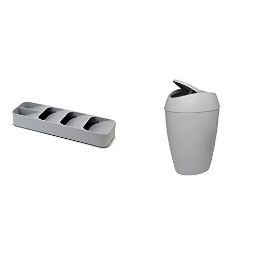 Joseph Joseph 85119 DrawerStore Kitchen Drawer Organizer Tray for Cutlery Silverware, Gray  and  Umbra Twirla, 2.4 Gallon Trash Can with Swing-top Lid, Gray