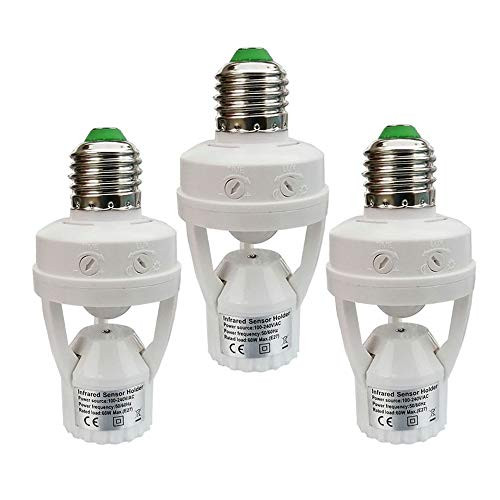Motion Sensor Light Socket,E26/E27 PIR Motion Screw Bulb Adapter, Auto On/Off Night Light Control for Garage Basement Porch Storage Room -3 Pack-