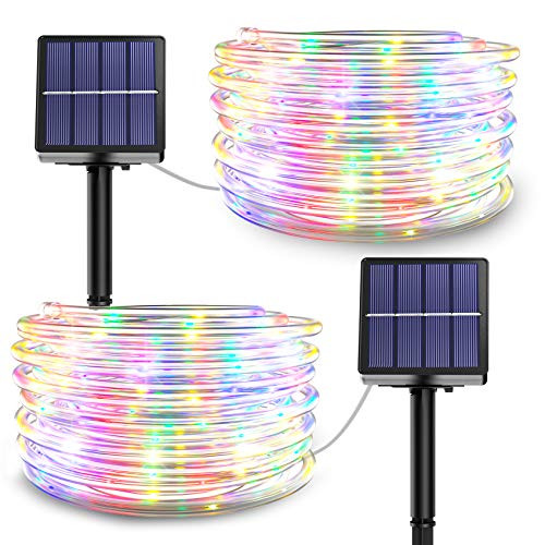 Solar Rope Christmas Lights Outdoor - 2 Pack 100 LED 39.37FT 8 Modes Solar Outdoor Rope Lights Waterproof Tube String Lights for Christmas Tree Garden Fence Yard Outdoor Decorations -Multicolored-