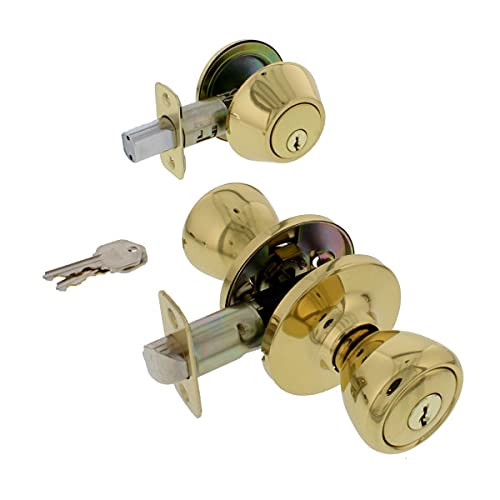 Ultra Security 83965 Grade 3 Polished Brass Tulip Knob Entry Door Lock Deadbolt Set
