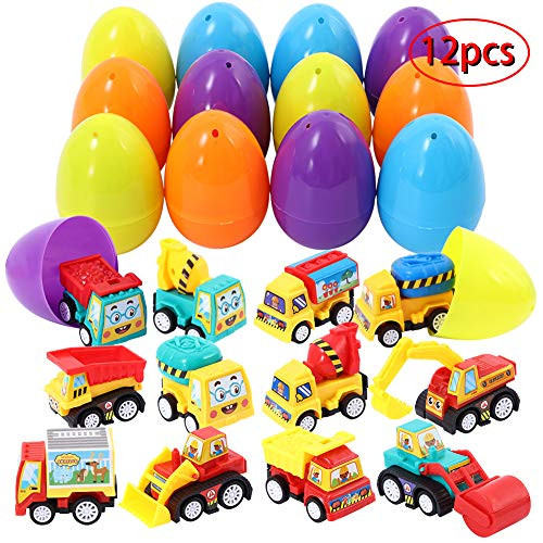 FunsLane 12 Pcs Easter Eggs Filled with Pull Back Vehicles, 3.15 Inches Large Plastic Surprise Eggs Prefilled with Cars, for Easter Basket Stuffers, Egg Hunting, Easter Goodie Bags, Party Favor