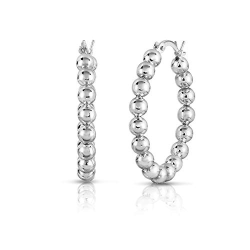 Verona Jewelers Sterling Silver Bead Ball Hoop Earrings, Beaded Hoop Earrings for Women- Silver Bead Hoop Earring for Women, 925 Sterling Silver Bead Earring -Silver, 30-