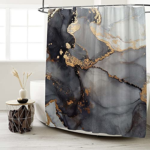 Seasonwood Black and Gold Marble Shower Curtain Set with 12 Hooks Gray Ink Texture Luxurious Bathroom Bathtubs Decor Easy Care Waterproof Washable Durable Polyester Fabric 72"x72"