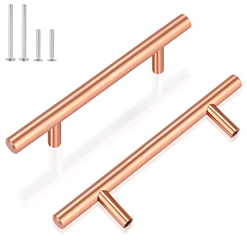 GOBEKOR 5 Pack 3-1/2inch Hole Center Rose Gold Kitchen Cabinet Pulls Solid Stainless Steel Drawer Pulls, Euro T Bar Cabinet Handles Dresser Handles
