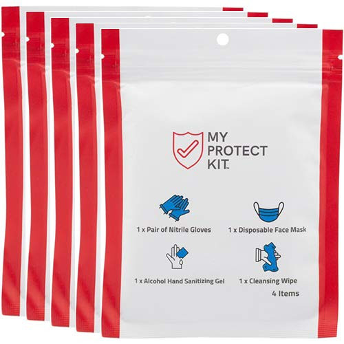 My Protect Kit - 5 Pack - All-in-One Personal Protection - Individually Wrapped face mask, Gloves, Hand Wipe  and  sanitizer