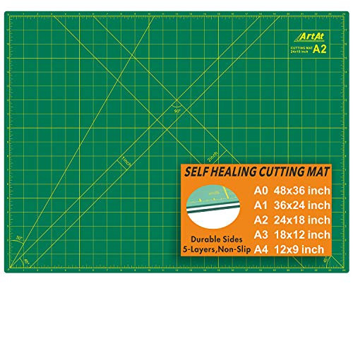 ArtAt Self Healing Cutting Mat- 18?x 24? Green Double Sided, Non-Slip 5 Layers PVC Durable A2 Sewing Craft Mat for Rotary Cutter, Use for Quilting, Scrapbooking and Craft  and  Art Projects