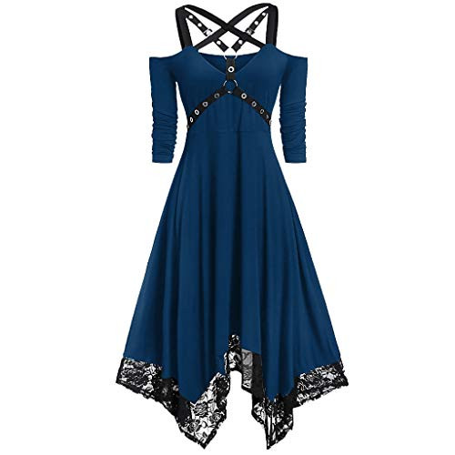 F_Gotal Women's Rococo Ball Gown Dress Costume Vintage Cold Shoulder Long Sleeve Gothic Mini Dress Cosplay Retro Gown Blue