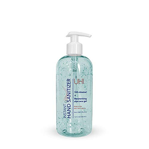UHI Cosmetics Instant Hand Sanitizer - 70 percent Non-GMO Alcohol and Moisturizing Aloe Vera Hand Sanitizer Gel With Pump 16 Oz -Pack of 1-