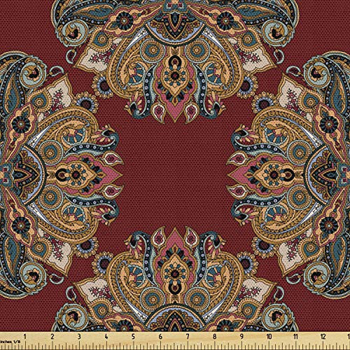 Lunarable Maroon Fabric by The Yard, Oriental Traditional Paisley Pattern Mandala Inspired Round Boho Folk Hues, Decorative Fabric for Upholstery and Home Accents, 3 Yards, Pastel Maroon