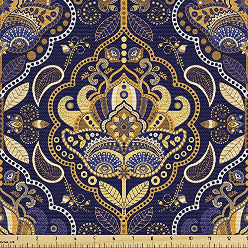 Ambesonne Asian Fabric by The Yard, Oriental Antique Pattern Foliage Inspirations Geometrical Design, Decorative Fabric for Upholstery and Home Accents, 3 Yards, Purple Yellow